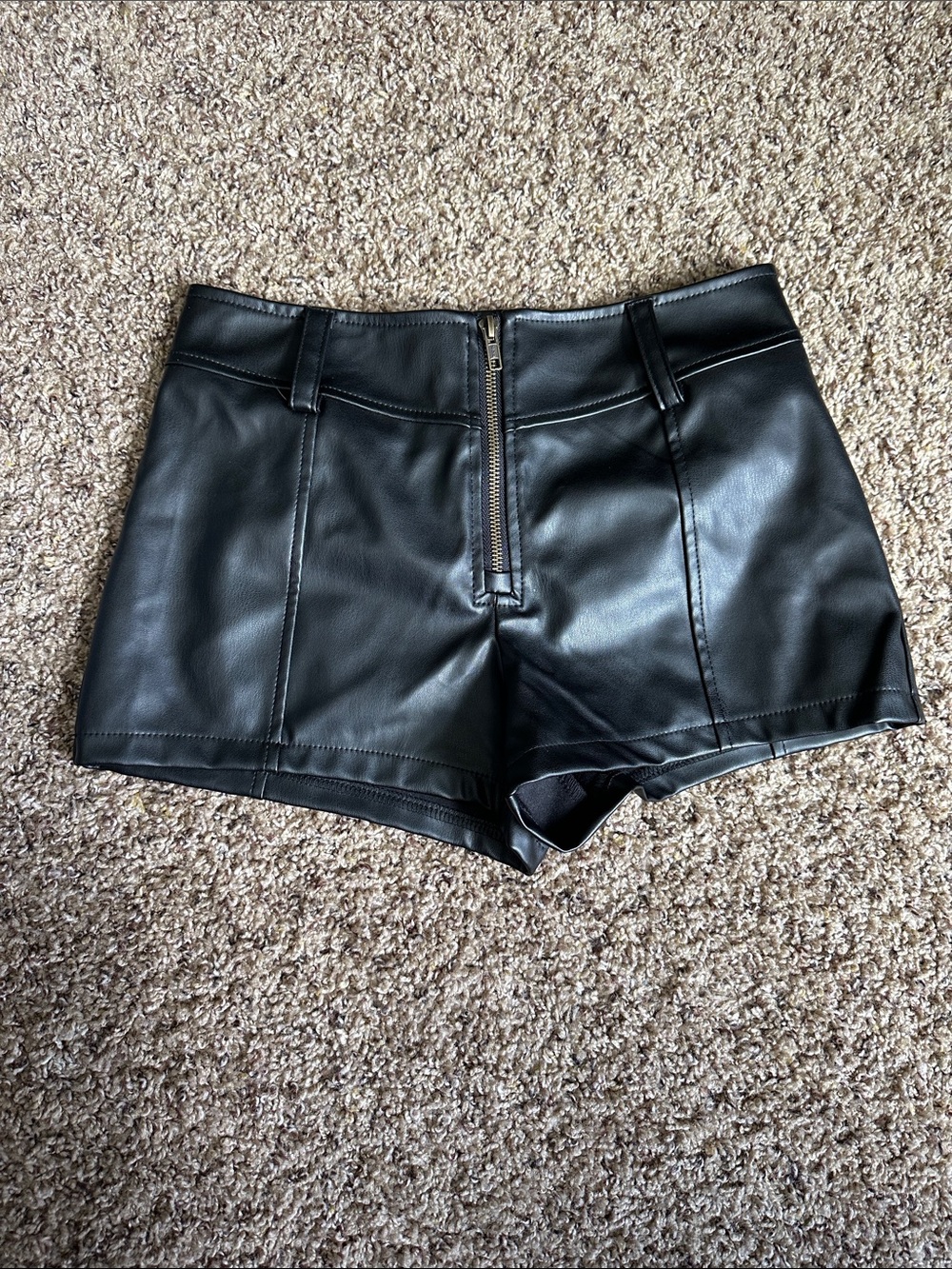 SHEIN Black Faux Leather High Waist Zip-Front Shorts
